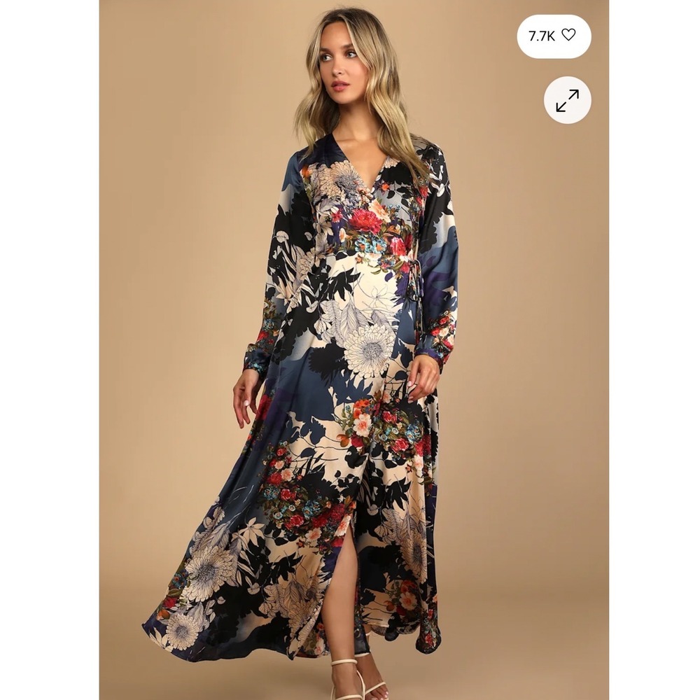 Lulus Put on a Smile Blue Floral Print Satin Wrap Maxi Dress Medium - Picture 8 of 8